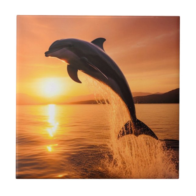 Dolphin At Golden Sunset Tile (Front)