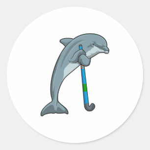 Dolphin at Hockey with Hockey stick Classic Round Sticker