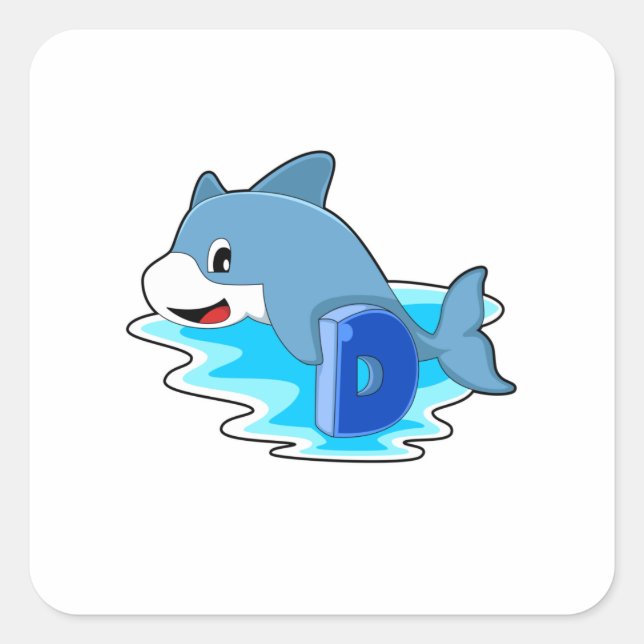 Dolphin at Swimming with Letter Square Sticker (Front)