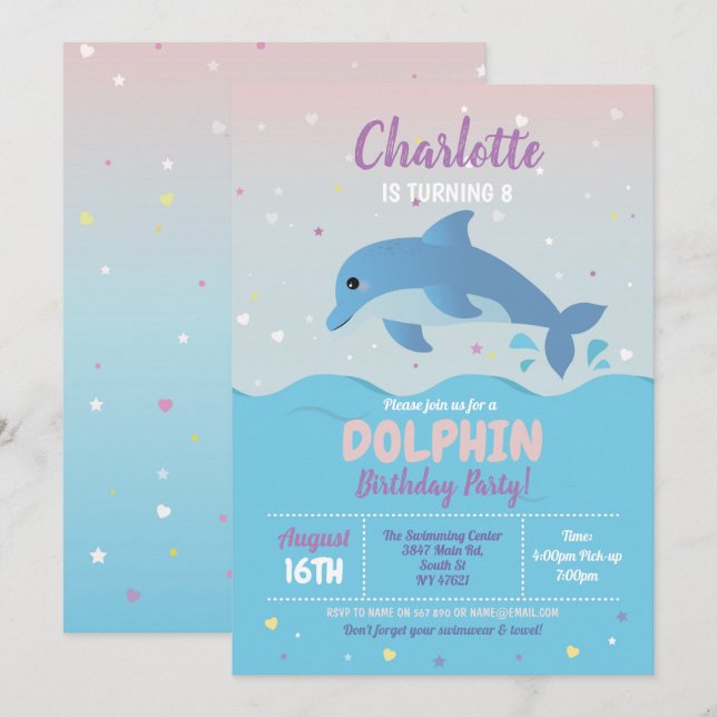 Dolphin Birthday Party Beach Girls Ocean Invitation (Front/Back)