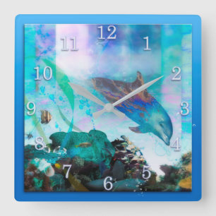 DOLPHIN BLUE OCEAN DIVERS SQUARE WALL CLOCK