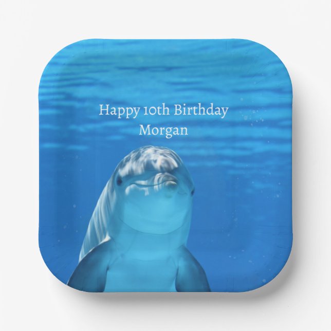 Dolphin Blue Ocean Happy Birthday Name Age Paper Plate (Front)