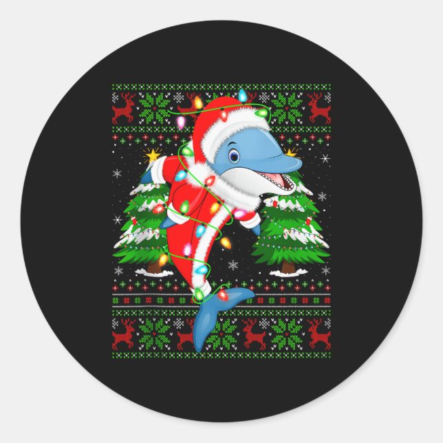 Dolphin Christmas Lights Santa Costume Ugly Xmas S Classic Round Sticker (Front)