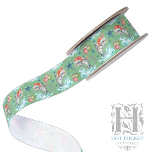 Dolphin Christmas Satin Ribbon in Green