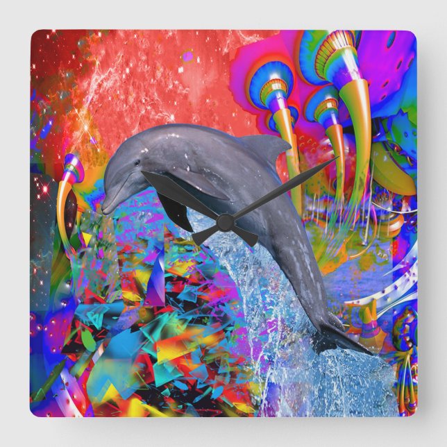 Dolphin Colour Splash Square Wall Clock (Front)