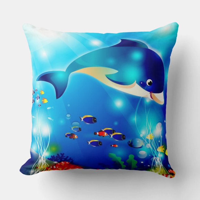 Dolphin & Colourful Sea-Life Digital Illustration Cushion (Front)