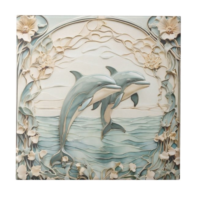 Dolphin Couple Art Nouveau Faux Relief Mint Blue Tile (Front)