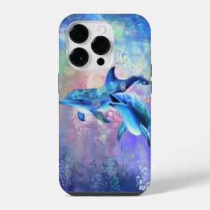 Dolphin Couple Happy Family Dolphins Blue iPhone 14 Pro Case