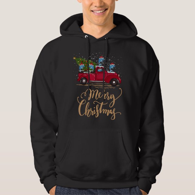 Dolphin Driving Christmas Tree Red Truck Dolphin X Hoodie (Front)
