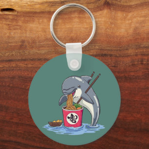 Dolphin Eating Ramen Illustration Key Ring