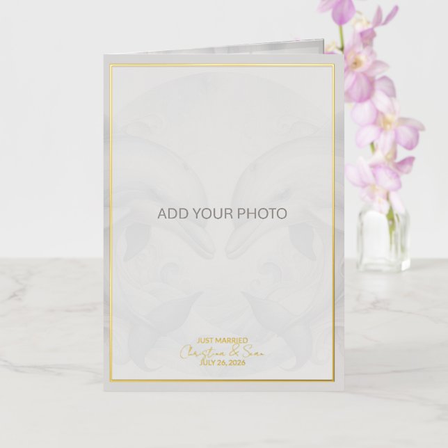 Dolphin Foil Just Married Wedding Photo Collage Greeting Card (Orchid)