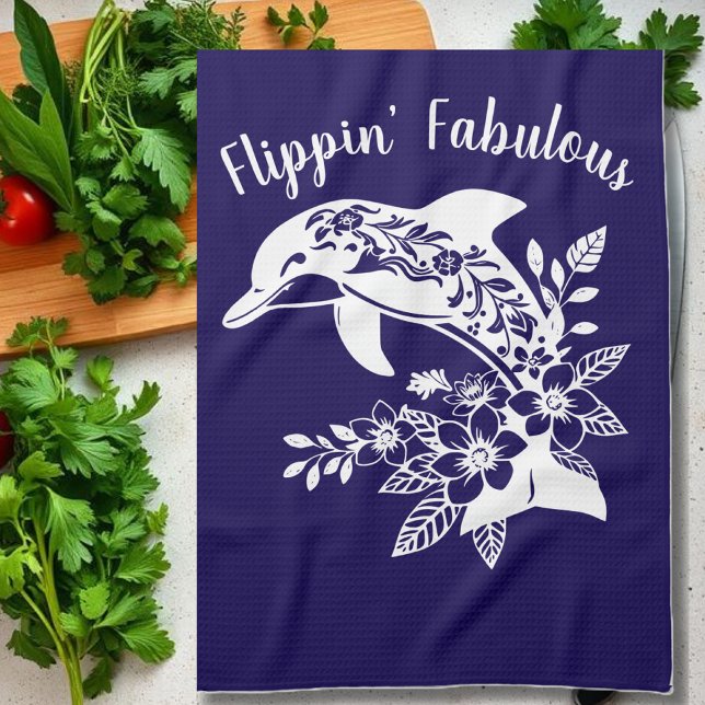 Dolphin-Hawaiian-Fisherman Core-Blue Tea Towel (Dolphin-Hawaiian-Tropical Flowers-Fisherman Core-Flippin Fabulous-kitchen towel-blue)