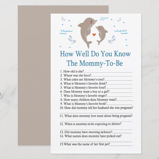 Dolphin How well do you know baby shower game (Front/Back)