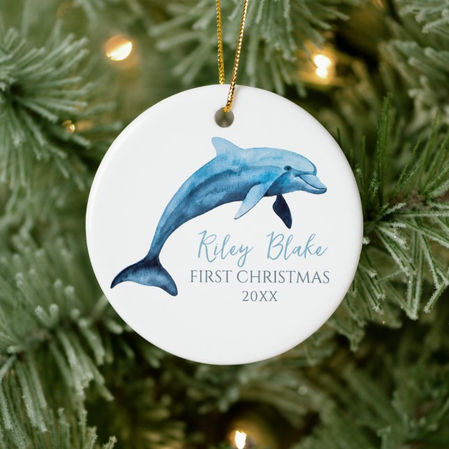Dolphin Illustration Baby First Christmas Ceramic Tree Decoration (Tree)