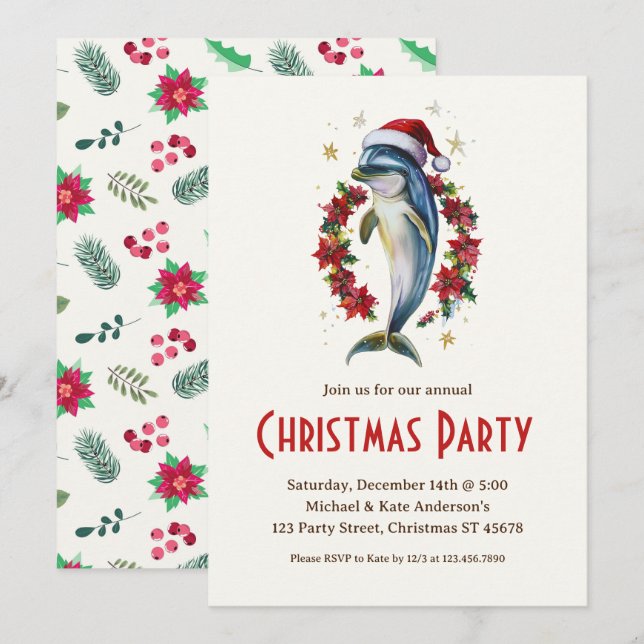 Dolphin in a Santa Hat Poinsettias Christmas Party Invitation (Front/Back)