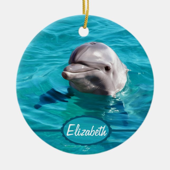 Dolphin in Blue Water Photo Ceramic Tree Decoration (Front)
