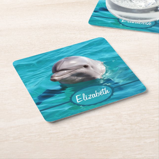 Dolphin in Blue Water Photo Square Paper Coaster (Angled)
