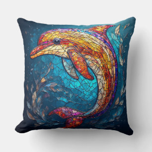 Dolphin in Intricate Stained Glass Artistic Style Cushion