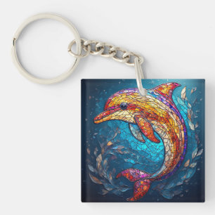 Dolphin in Intricate Stained Glass Artistic Style Key Ring