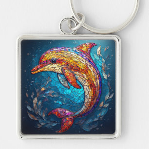 Dolphin in Intricate Stained Glass Artistic Style Key Ring