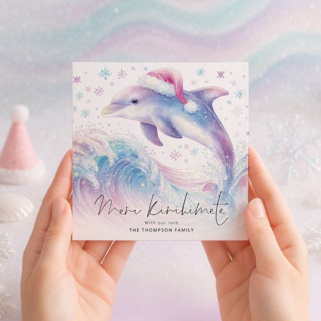Dolphin in Santa Hat Meri Kirihimete Christmas Holiday Card (Creator Uploaded)