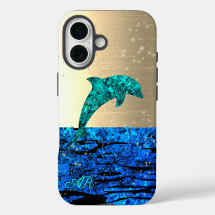 Dolphin in the sea, sparkling, monogrammed iPhone 16 case
