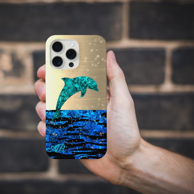 Dolphin in the sea, sparkling, monogrammed  iPhone case (Creator Uploaded)