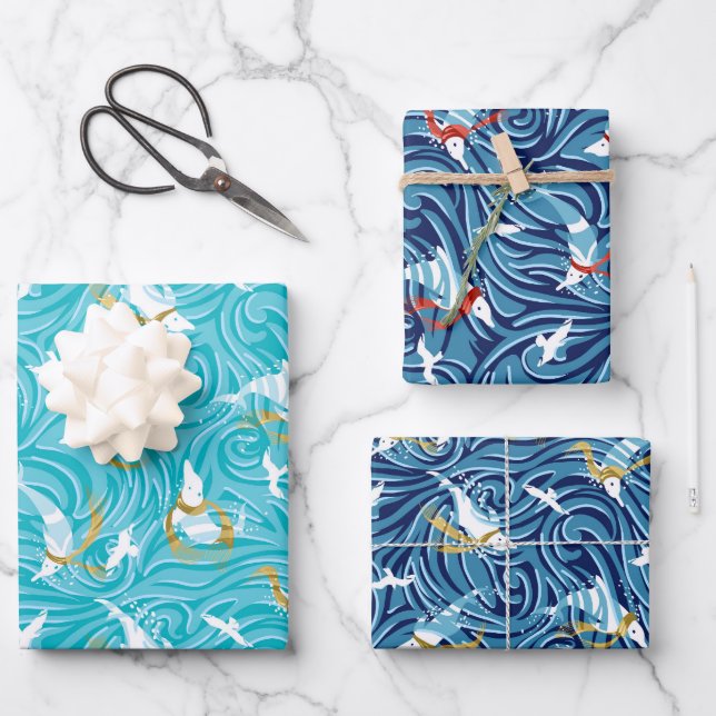 Dolphin Joy Tropical Ocean Nautical Christmas Wrapping Paper Sheet (Front)