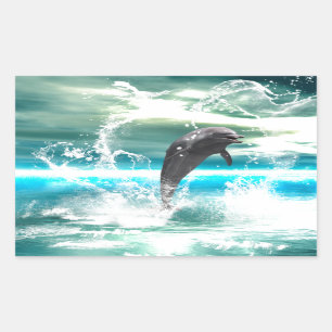 Dolphin jumping in the sea with waves as heart rectangular sticker