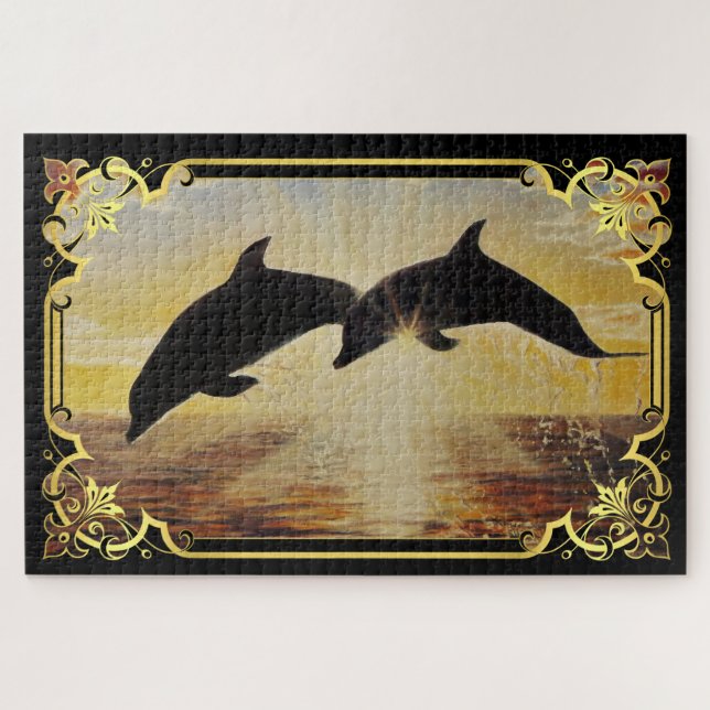 Dolphin jumping out of sea at sunset/sunrise jigsaw puzzle (Horizontal)