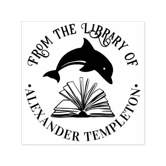 Dolphin Jumping Over Open Book Library Name Self-inking Stamp (Design)