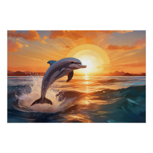 Dolphin Jumps at Sunset on the Ocean Poster