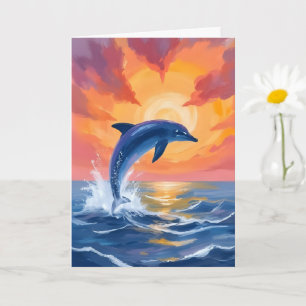 Dolphin Leap Sunset Watercolor Ocean Painted Card