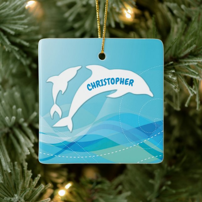 Dolphin Leaping in Ocean Personalised Ceramic Ornament (Tree)