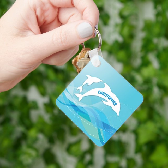 Dolphin Leaping in Ocean Personalised Key Ring (Hand)