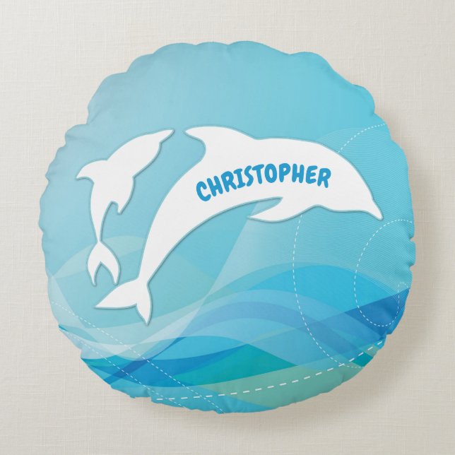 Dolphin Leaping in Ocean Personalised Round Cushion (Front)