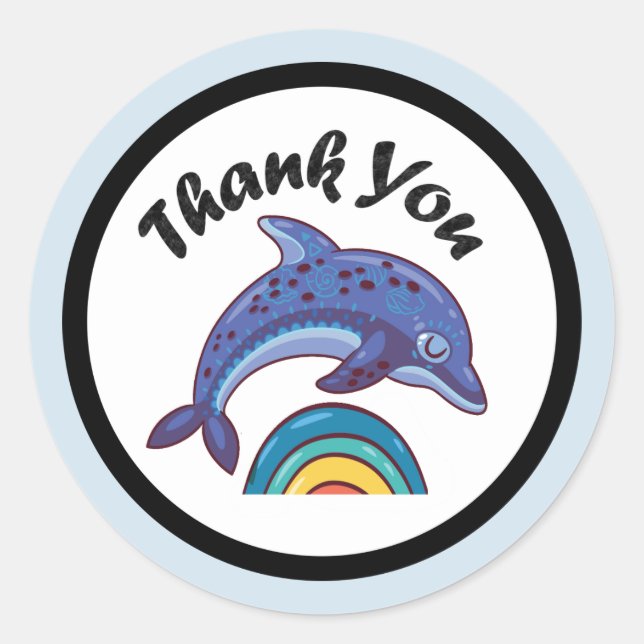 Dolphin Leaping Over A Rainbow Thank You Classic Round Sticker (Front)