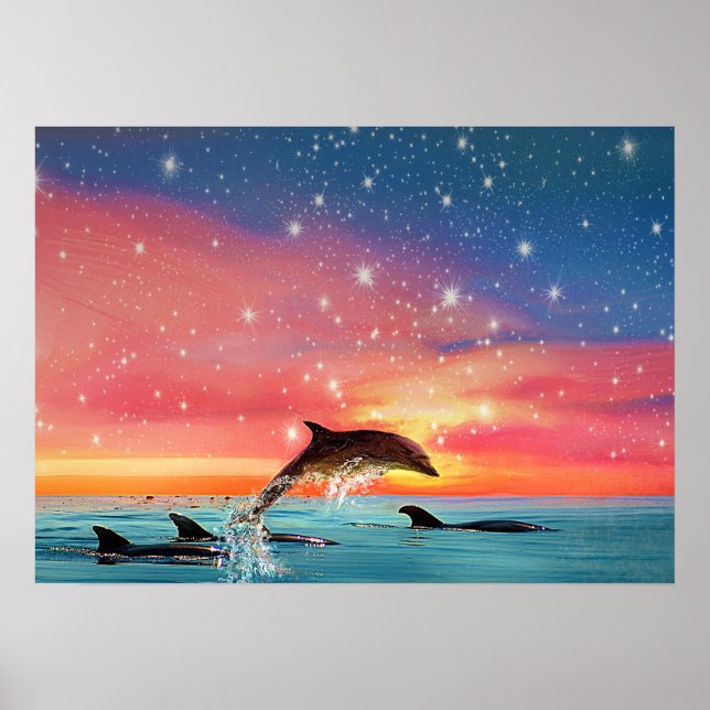 Dolphin Leaping | Whimsical Animal Sea and Stars Poster (Front)