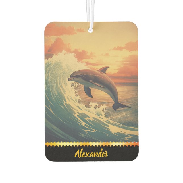 Dolphin leaps among colourful ocean waves car air freshener (Back)