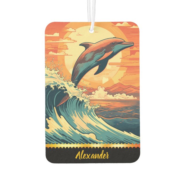 Dolphin leaps over sunset waves car air freshener (Back)