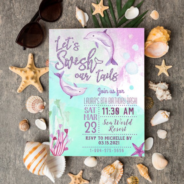 Dolphin Let's Swish Our Tails Birthday Invitation (Creator Uploaded)