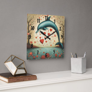 Dolphin Love 3 Square Wall Clock