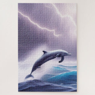 Dolphin Magic in a Stormy Sea: A Captivating Scene Jigsaw Puzzle
