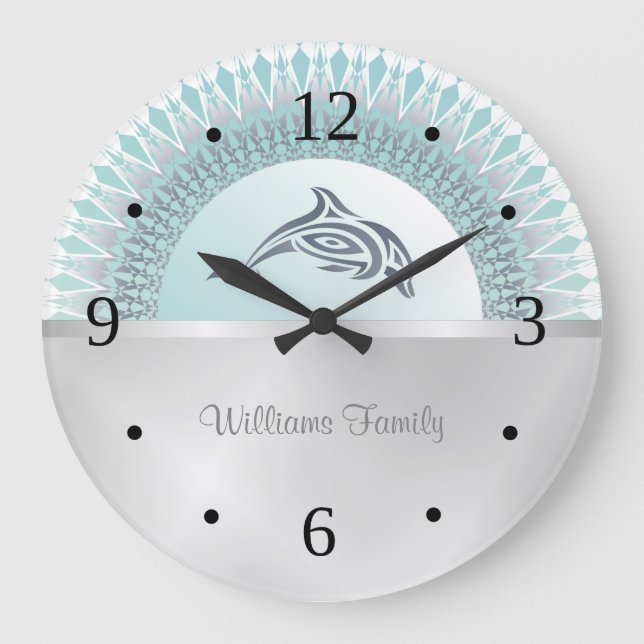 Dolphin Mandala Silver Large Clock (Front)