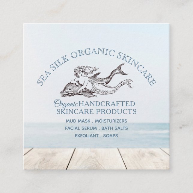 Dolphin Mermaid Logo Handcrafted Organic Skincare Square Business Card (Front)