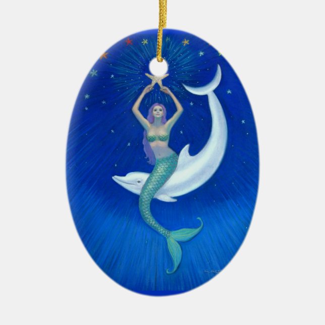 Dolphin Moon Mermaid Oval Christmas Ornament (Front)