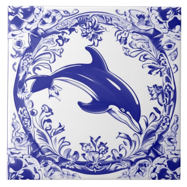 Dolphin Navy Blue and White Sea Ocean Beach House Tile (Front)