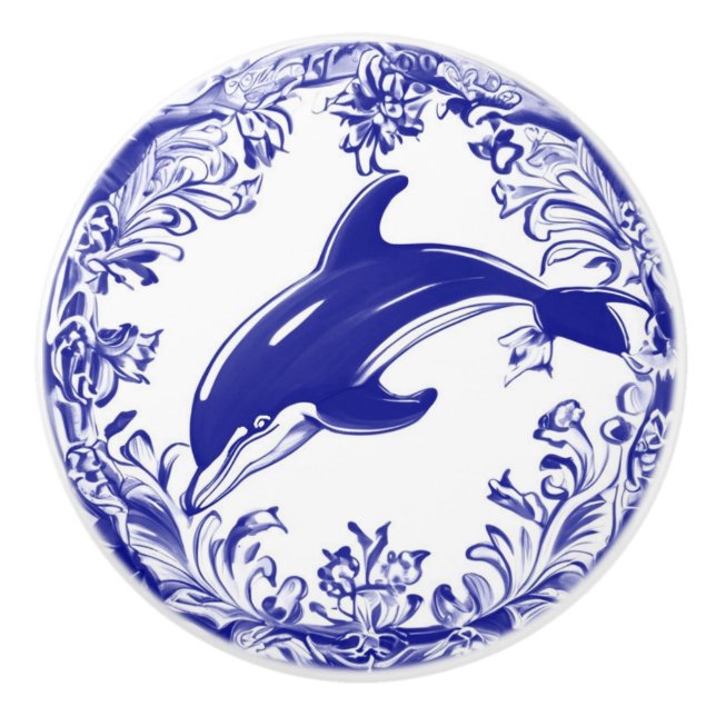 Dolphin Navy Blue and White Sea Ocean Left Facing Ceramic Knob (Front)