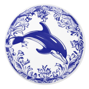 Dolphin Navy Blue and White Sea Ocean Right Facing Ceramic Knob