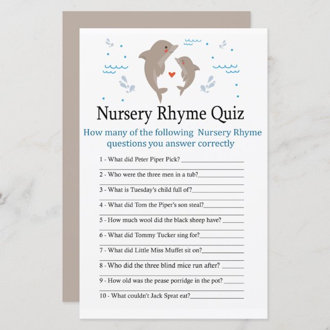 Dolphin Nursery Rhyme Quiz baby shower game (Front/Back)